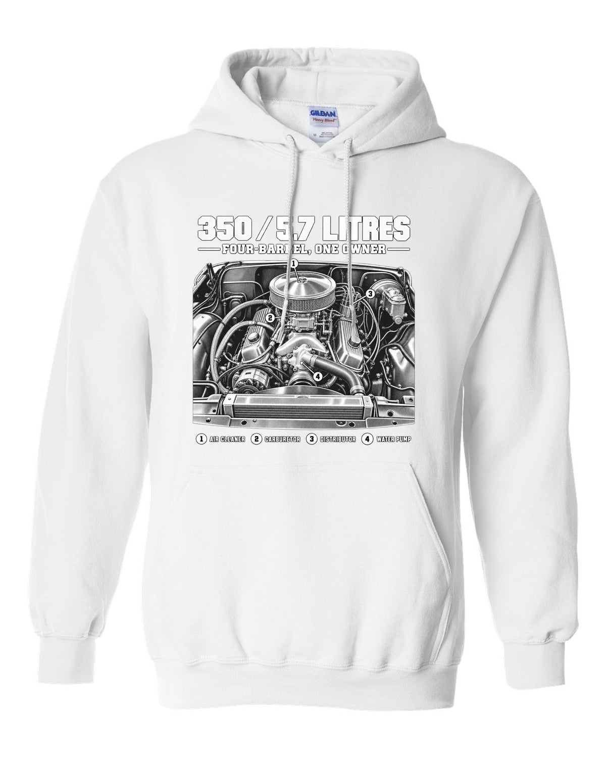 Squarebody C10 350 small block engine diagram with callouts, print white pull over hoodie front view with the design