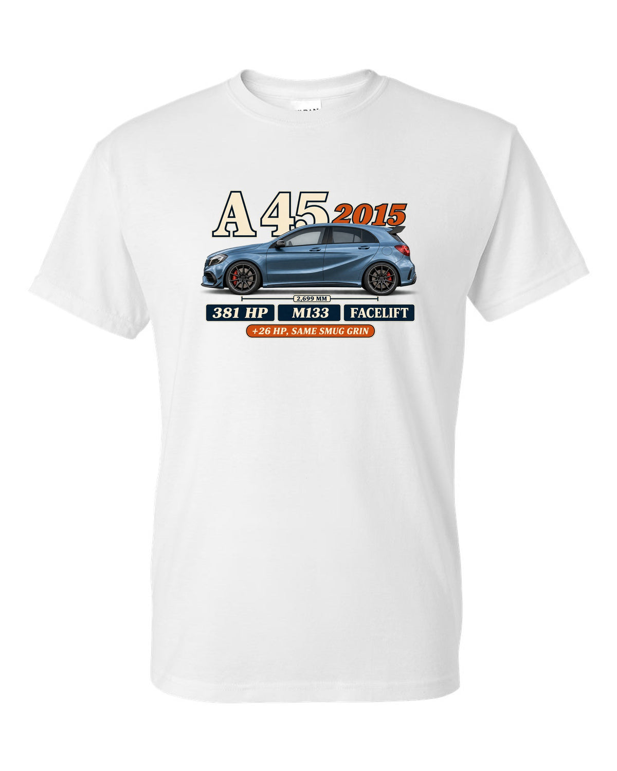 Mercedes-AMG A45 W176 facelift 2015 archive panel print white t-shirt front view with the design