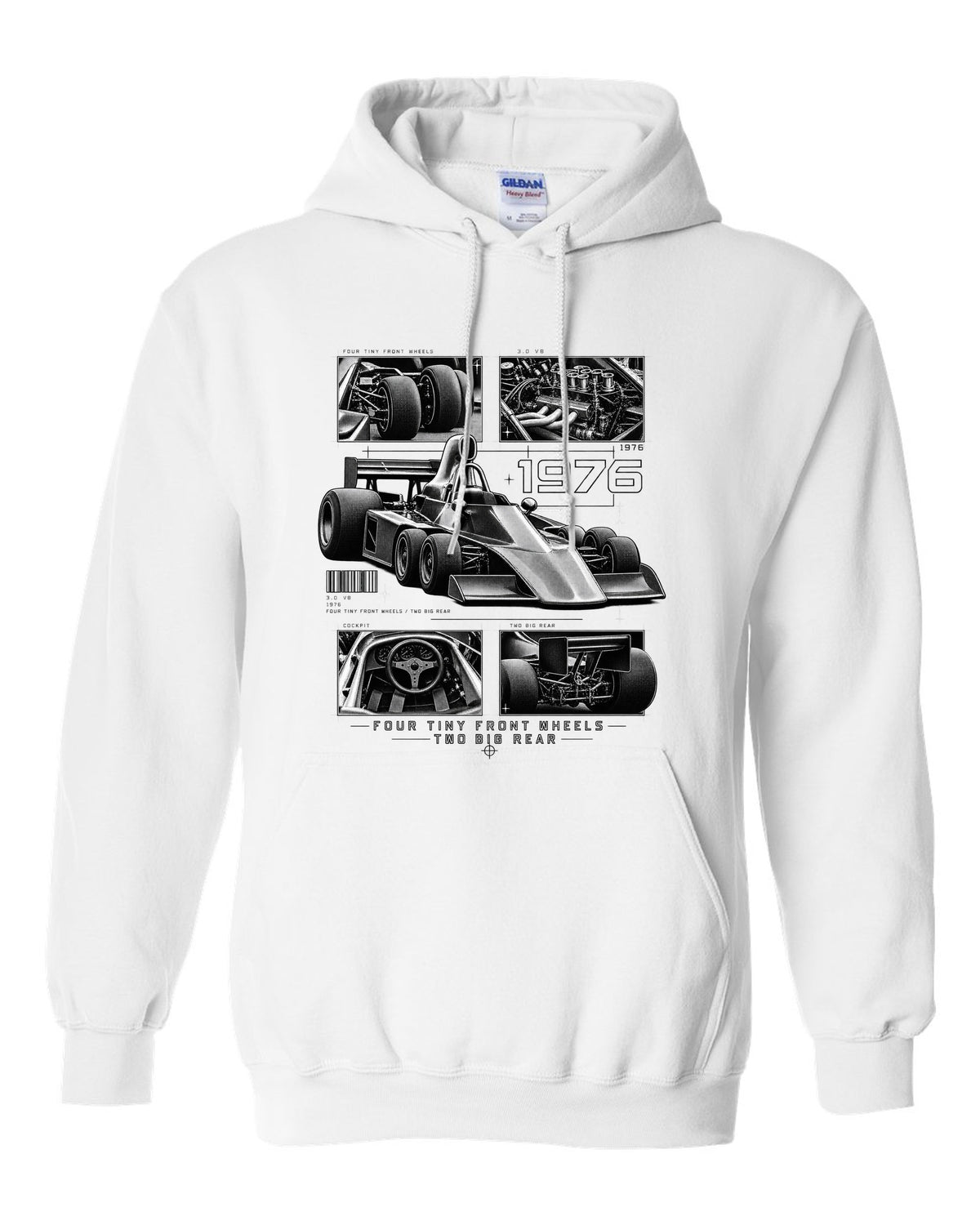 Tyrrell P34 six-wheel F1 car dossier panel print white pull over hoodie front view with the design