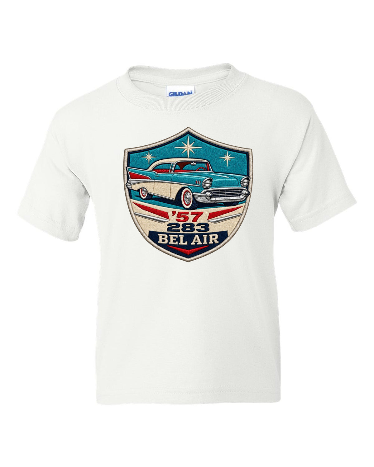Original shield crest print for a 1957 Chevrolet Bel Air with 283 lettering white kids tee front view with the design