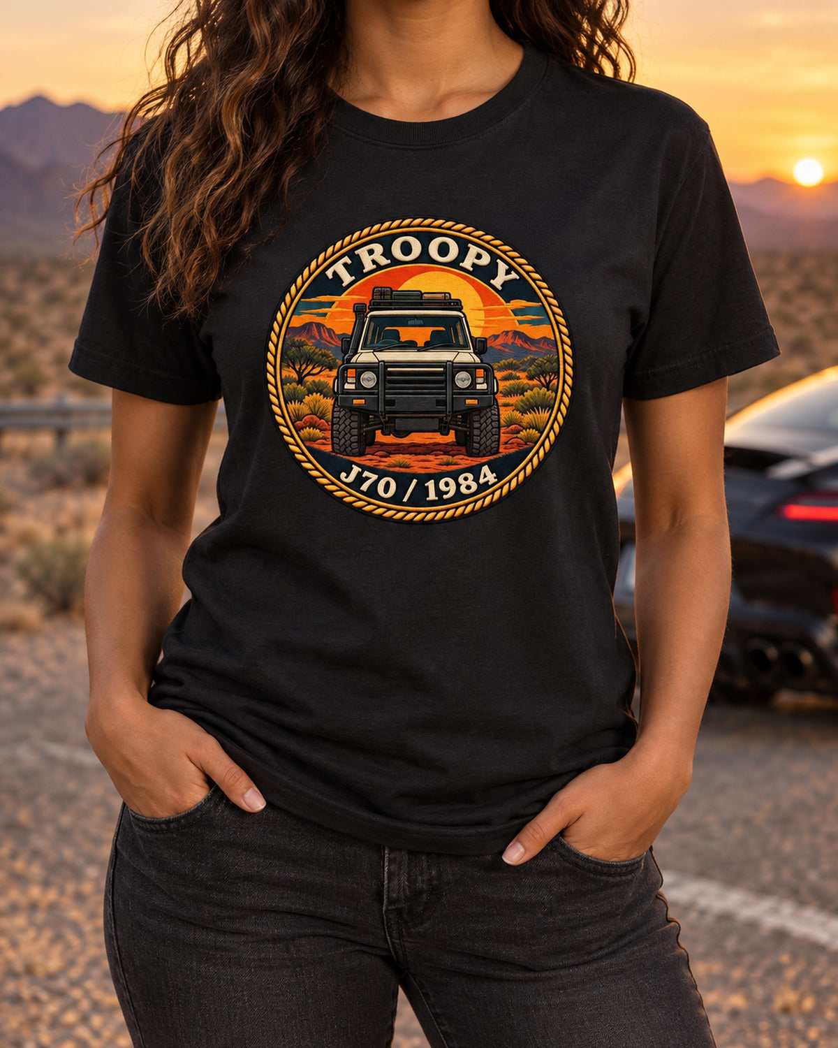 Toyota Land Cruiser J70 Troopy Sunset Crest Shirt for 4x4 Fans T-Shirt Black worn hero