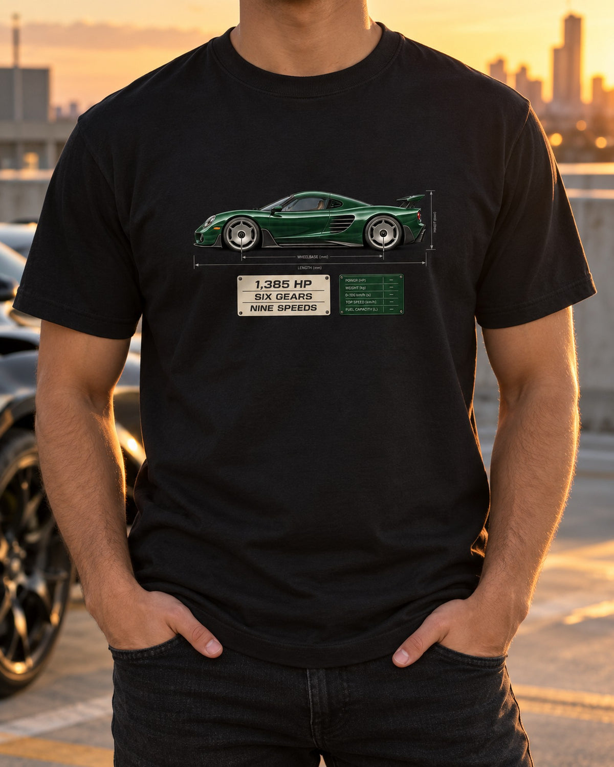 Koenigsegg CC850 Dimension Blueprint Shirt, Car Guy Gift T-Shirt Black worn hero