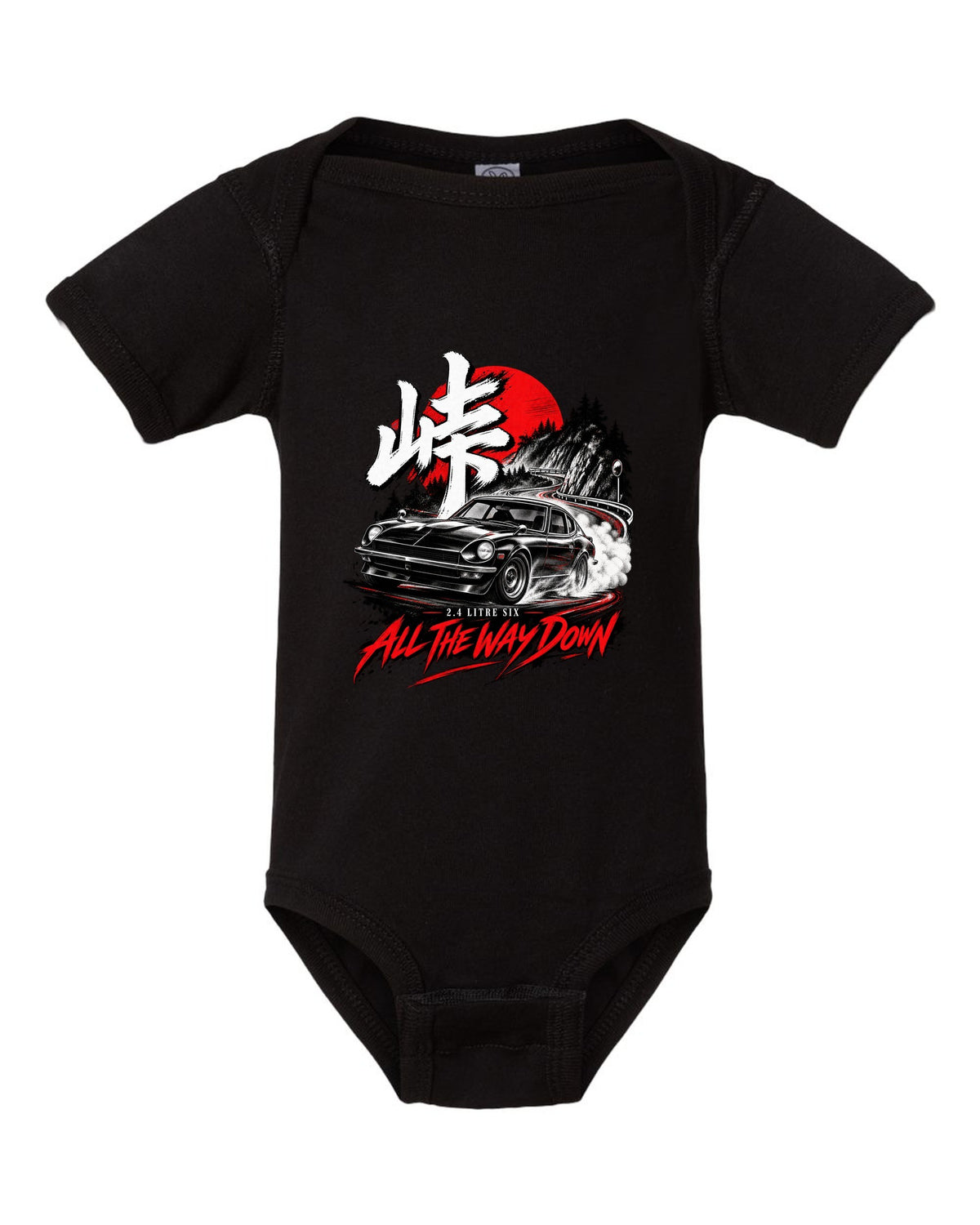 print of a 1971 Datsun 240Z HLS30 sliding downhill at night with touge kanji black baby onesie front view with the design