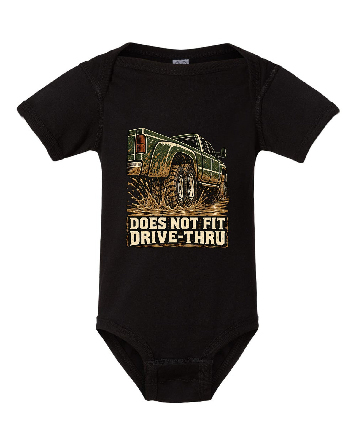 Woodcut print of a 1994-1998 Dodge Ram 3500 dually Cummins with drive-thru text black baby onesie front view with the design