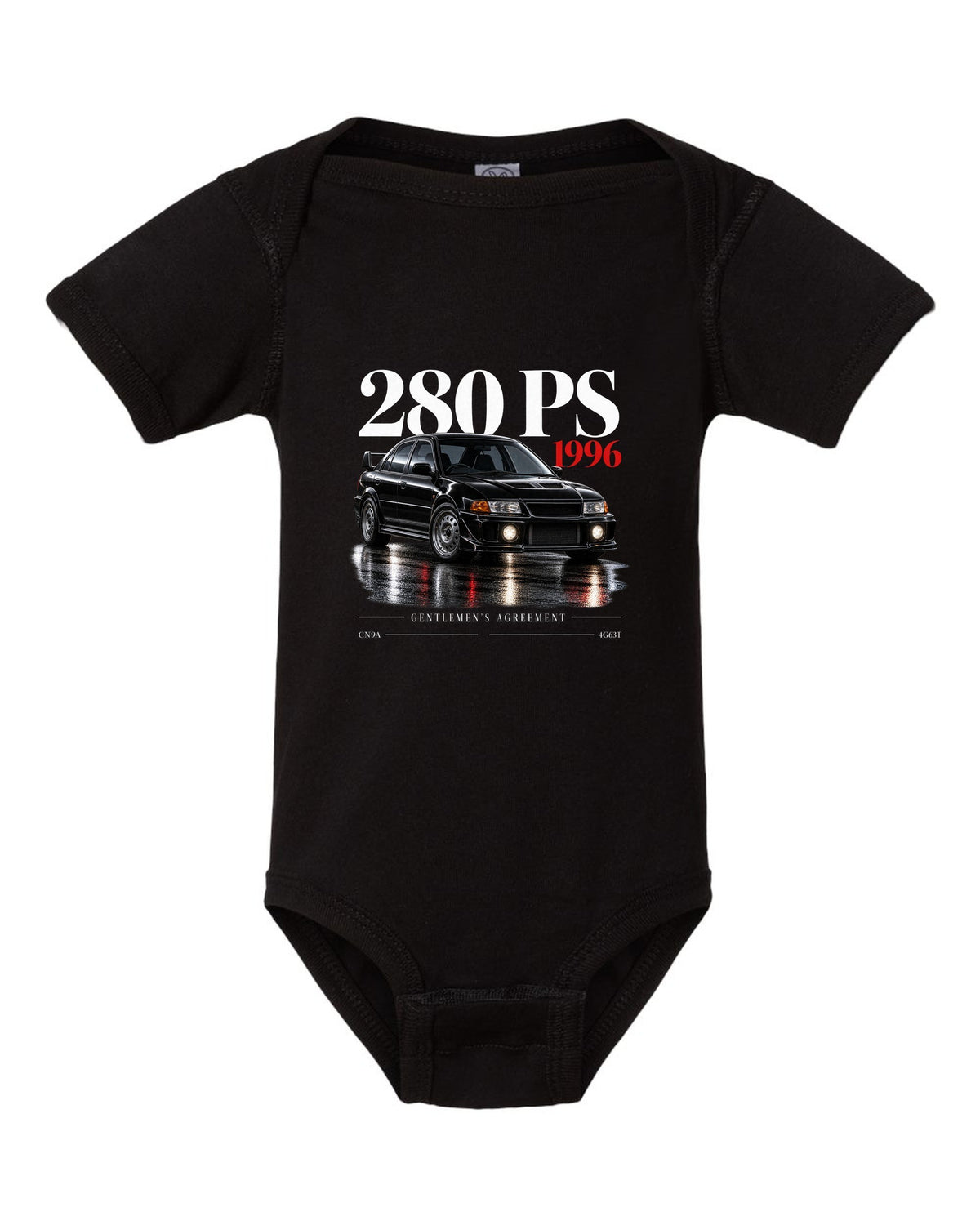 Editorial headline print for the Mitsubishi Lancer Evolution IV CN9A reading 280 PS, 1996, Gentlemen's Agreement, 4G63T black baby onesie front view with the design
