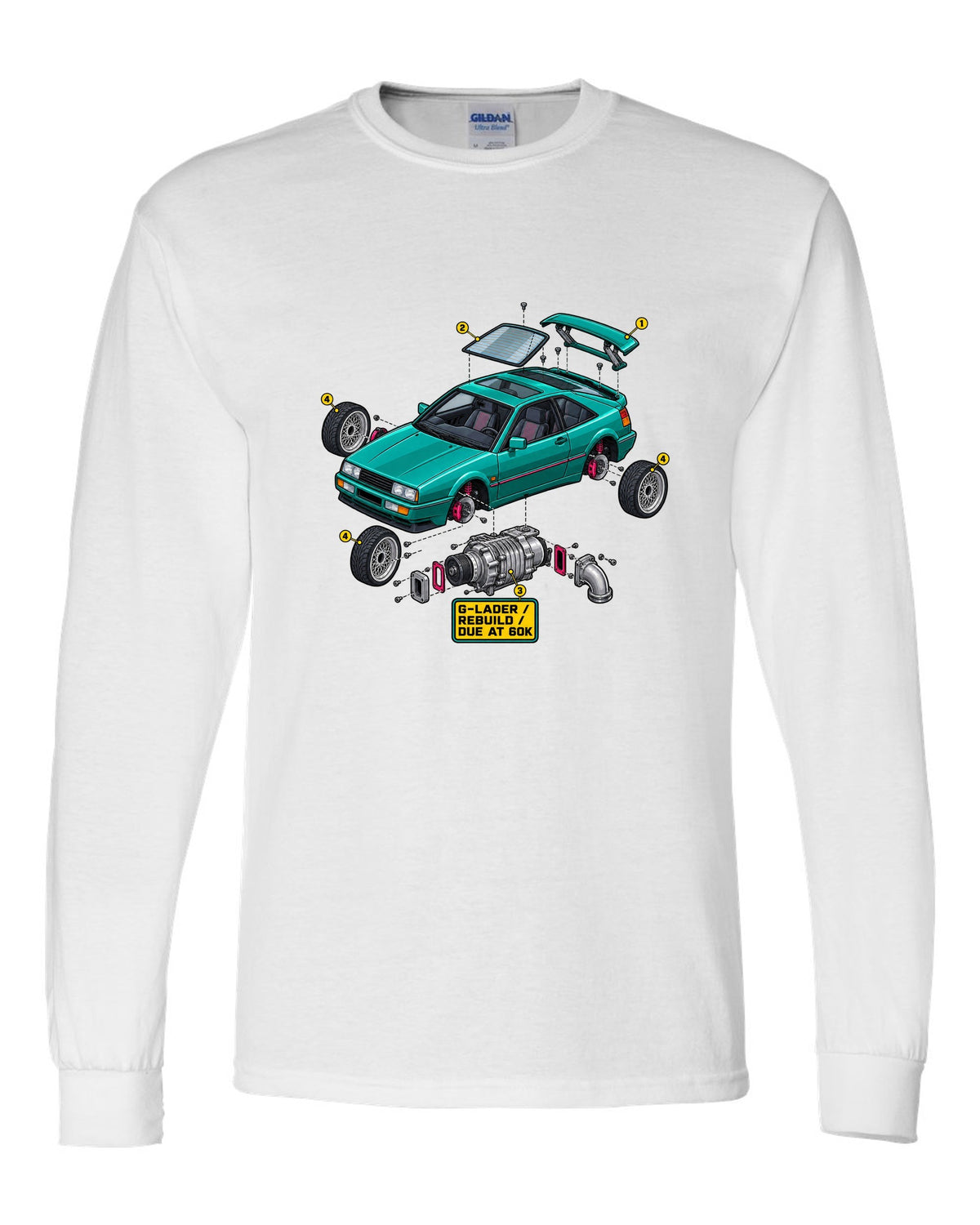 Exploded cutaway engine illustration of a VW Corrado G60 with G-Lader rebuild due at 60K text white long sleeve front view with the design