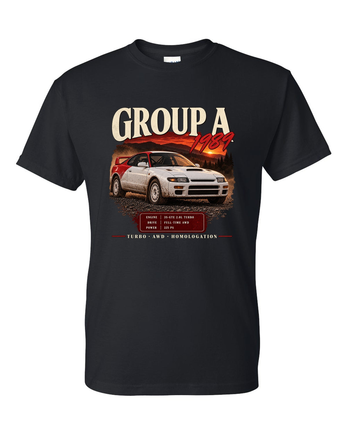 Archive panel print of a Toyota Celica GT-Four ST185 with Group A 1989 specs black t-shirt front view with the design