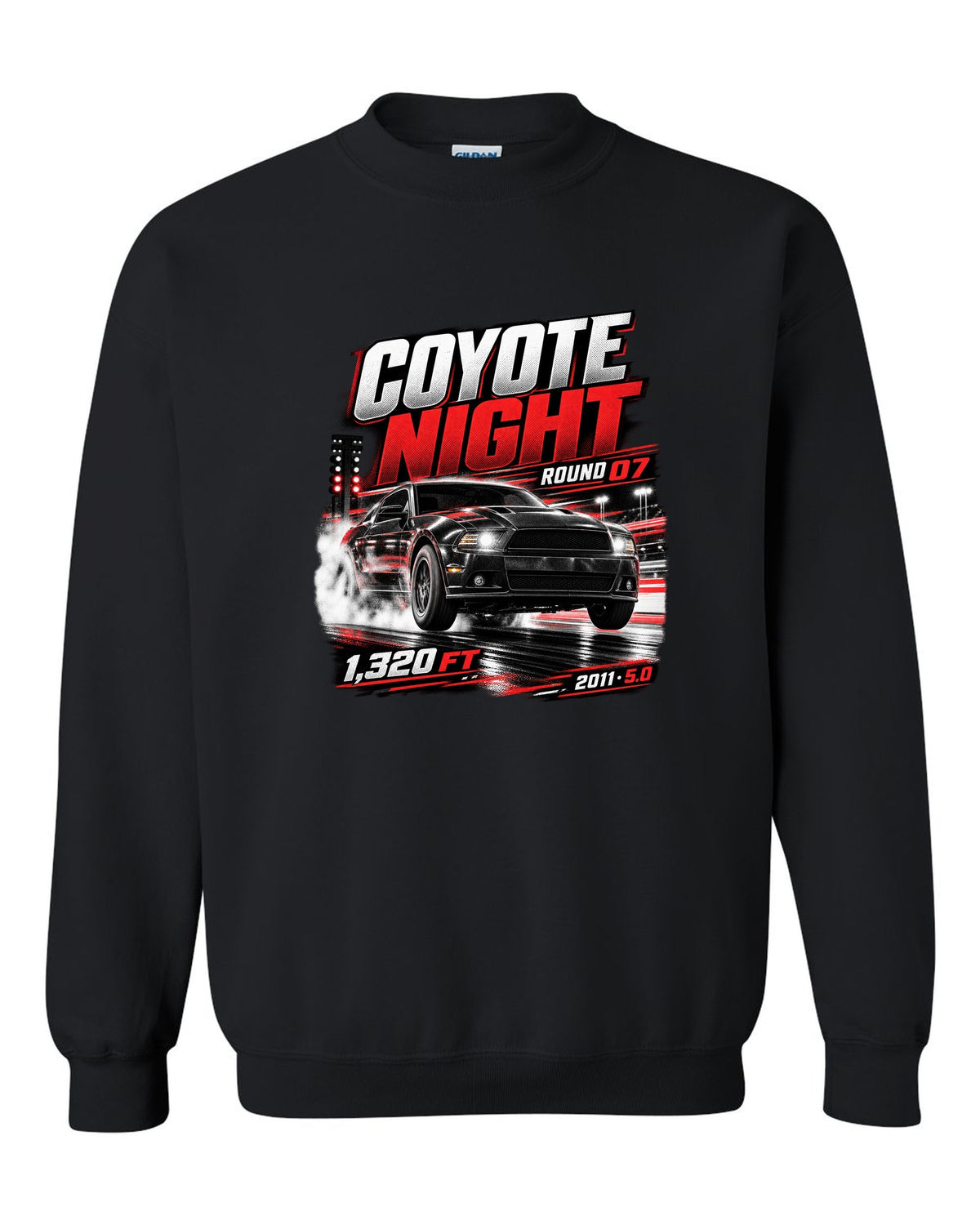 Night race poster print of a 2011 Ford Mustang S197 GT 5.0 black crewneck front view with the design