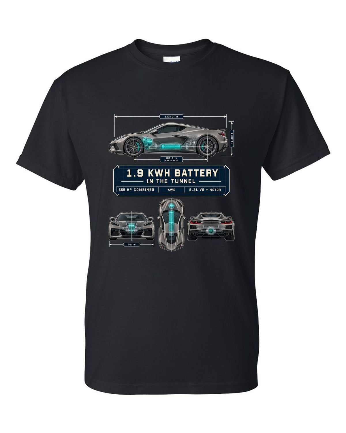 Dimension blueprint print of a Chevrolet Corvette C8 E-Ray with 1.9 kWh battery in the tunnel black t-shirt front view with the design