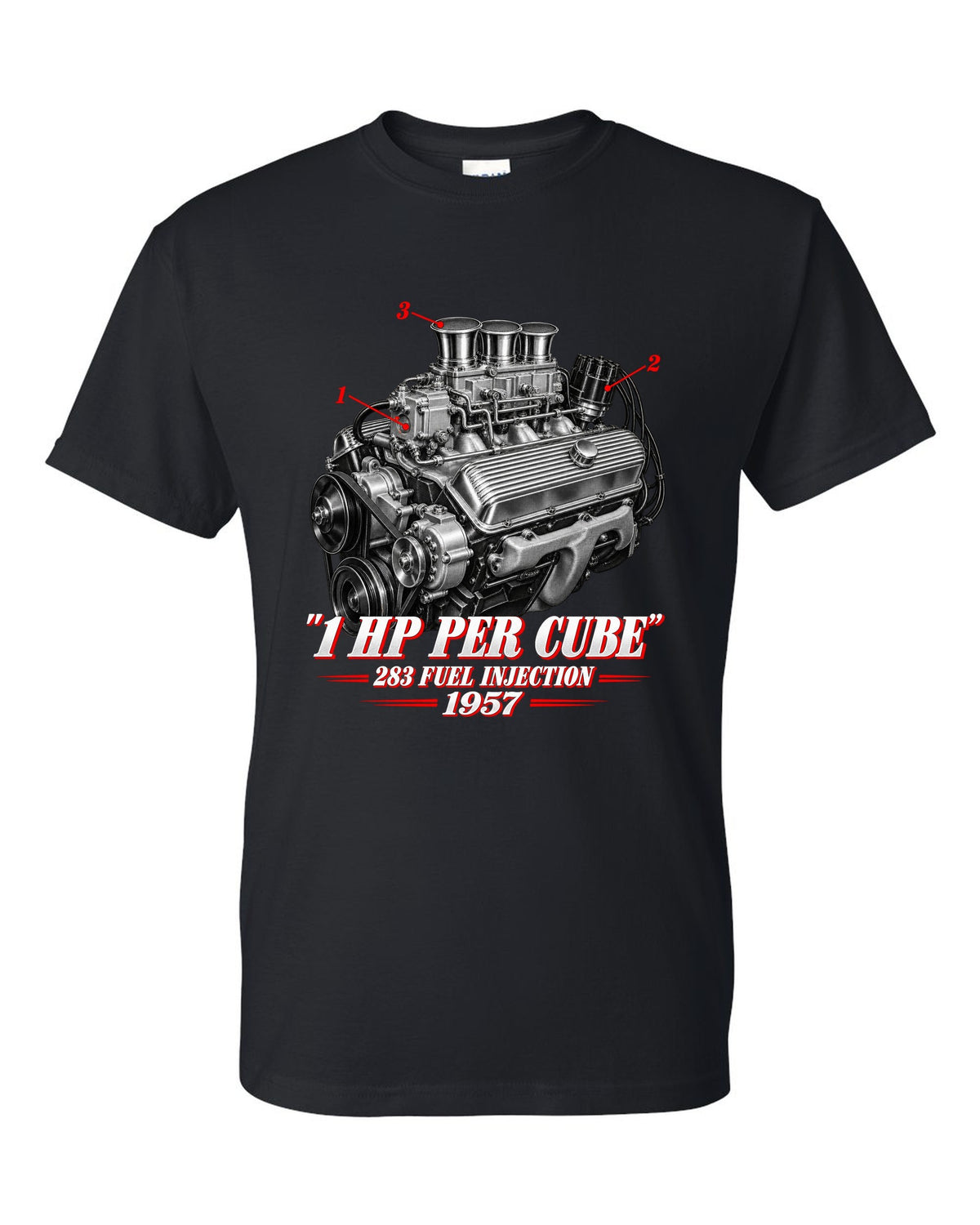 Chevrolet Corvette C1 1957 fuel-injected 283 engine print black t-shirt front view with the design