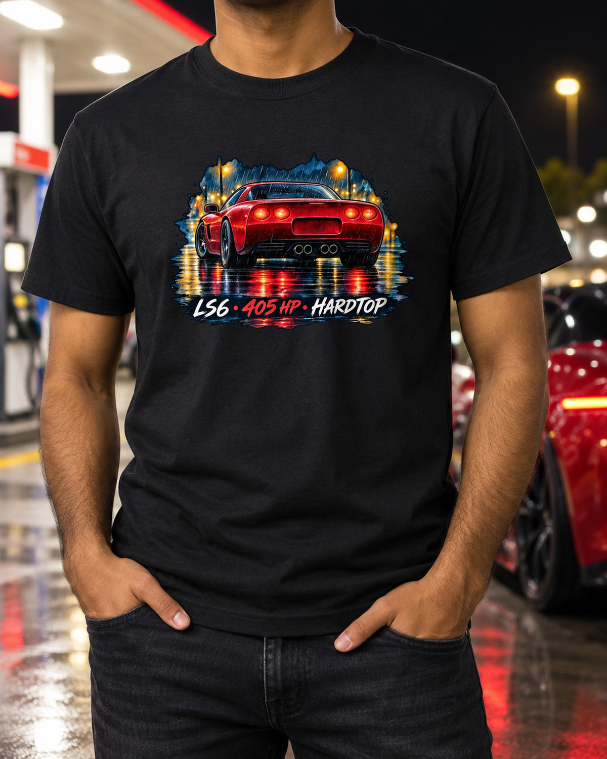 C5 Z06 Corvette Wet Road Night Hardtop Tee, Watercolour Print T-Shirt Black worn hero