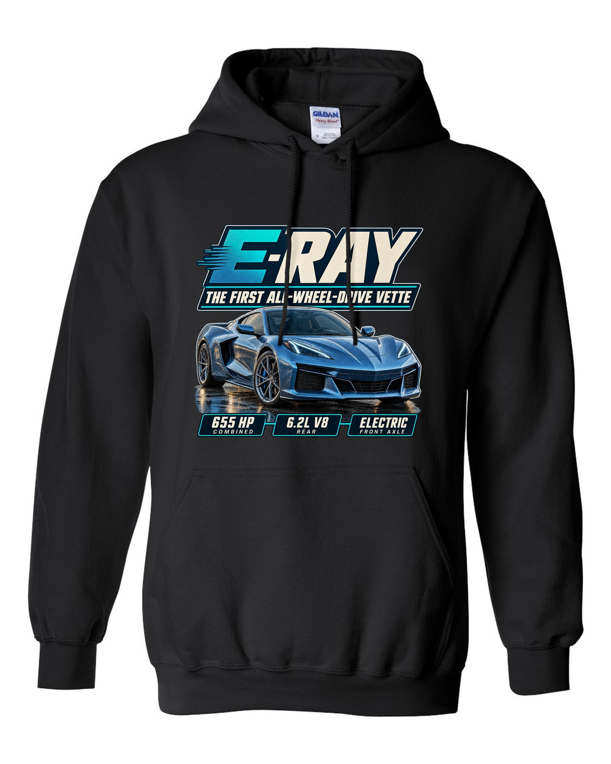 Editorial headline print of a Chevrolet Corvette C8 E-Ray, the first all-wheel-drive Vette black pull over hoodie front view with the design