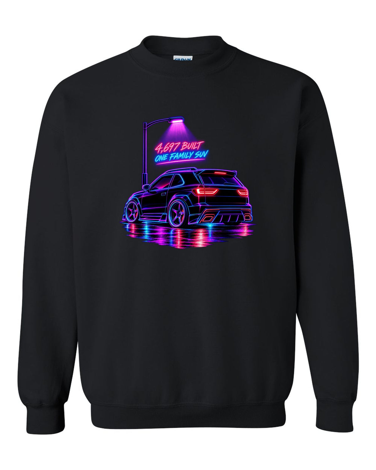 Neon synthwave line art print of a 1992-93 GMC Typhoon taillight with 4,697 built lettering black crewneck front view with the design