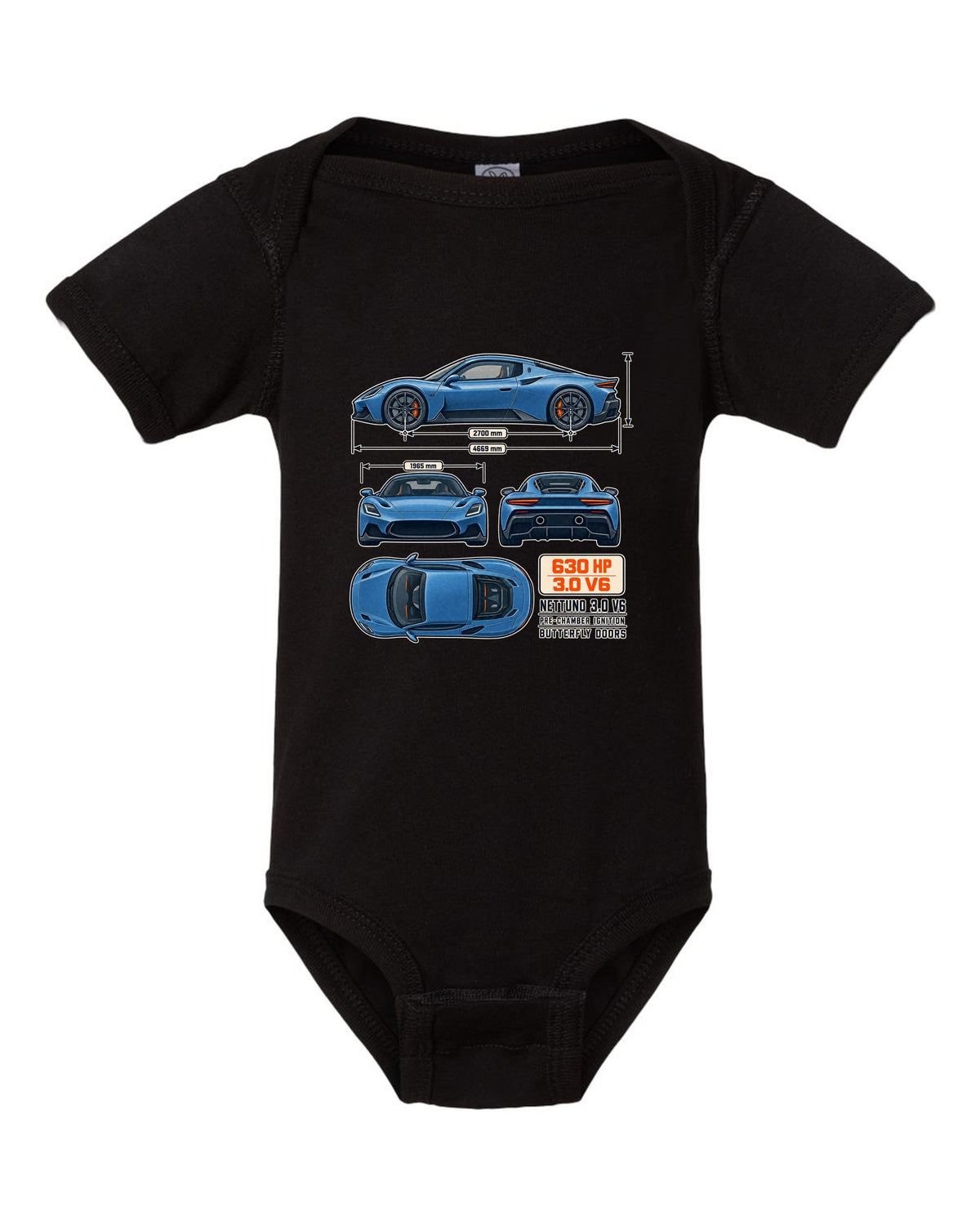 Maserati MC20 dimension blueprint print on a shirt black baby onesie front view with the design
