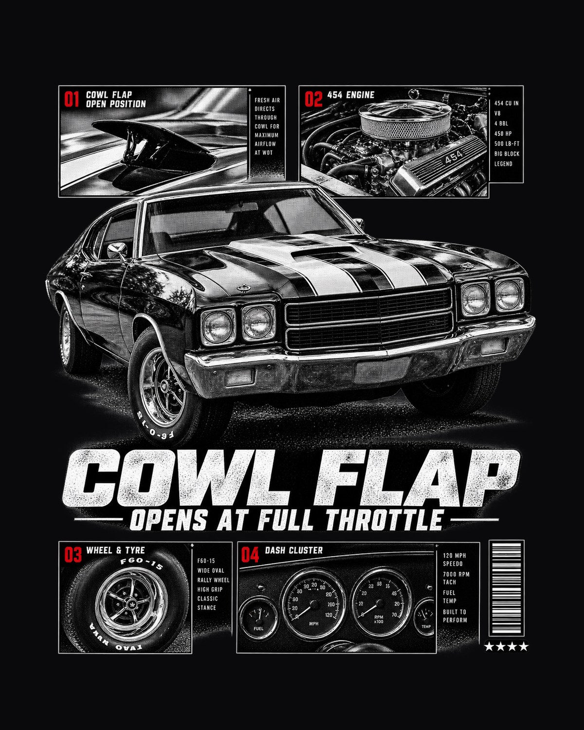 1970 Chevelle SS 454 Cowl Flap Dossier Graphic Tee design only