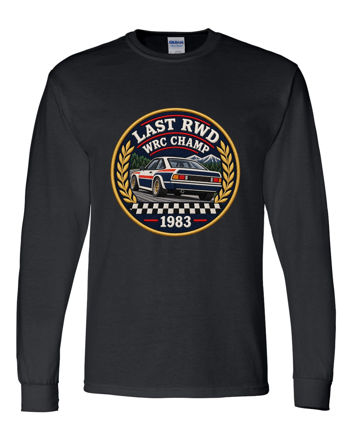 Embroidery patch style print of a 1983 Lancia Rally 037 with Last RWD WRC Champ lettering black long sleeve front view with the design