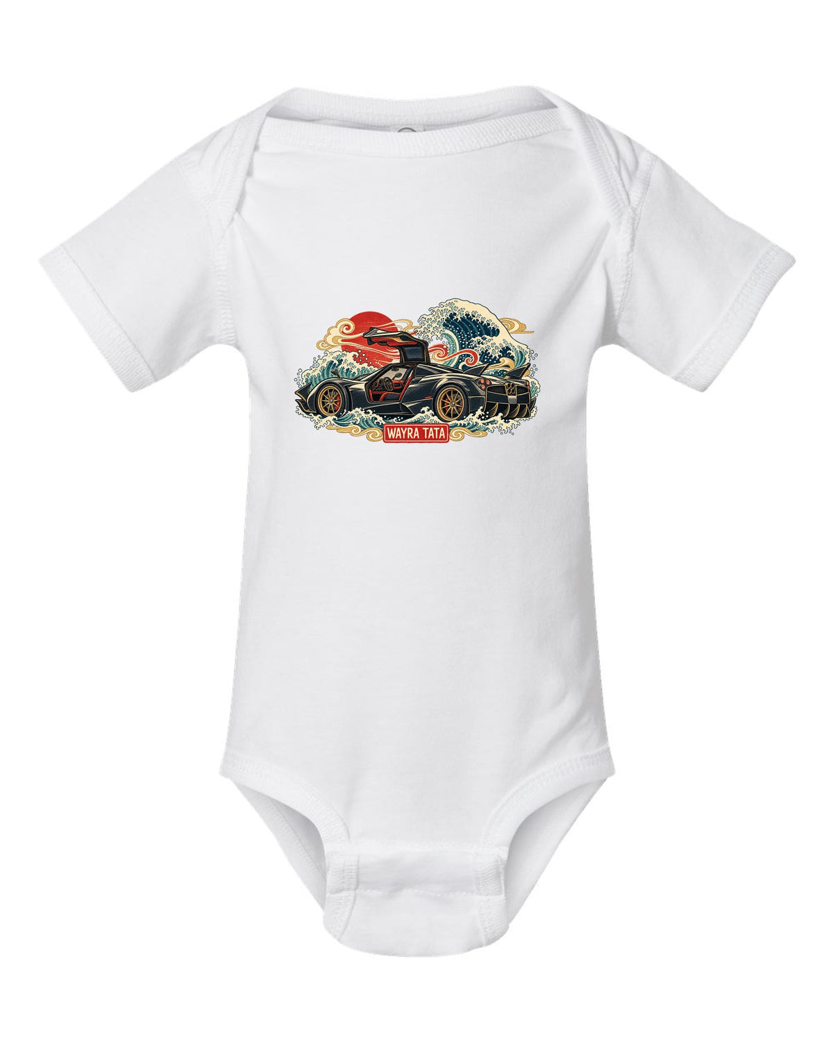 Ukiyo-e woodblock style print of a Pagani Huayra with Wayra Tata lettering white baby onesie front view with the design