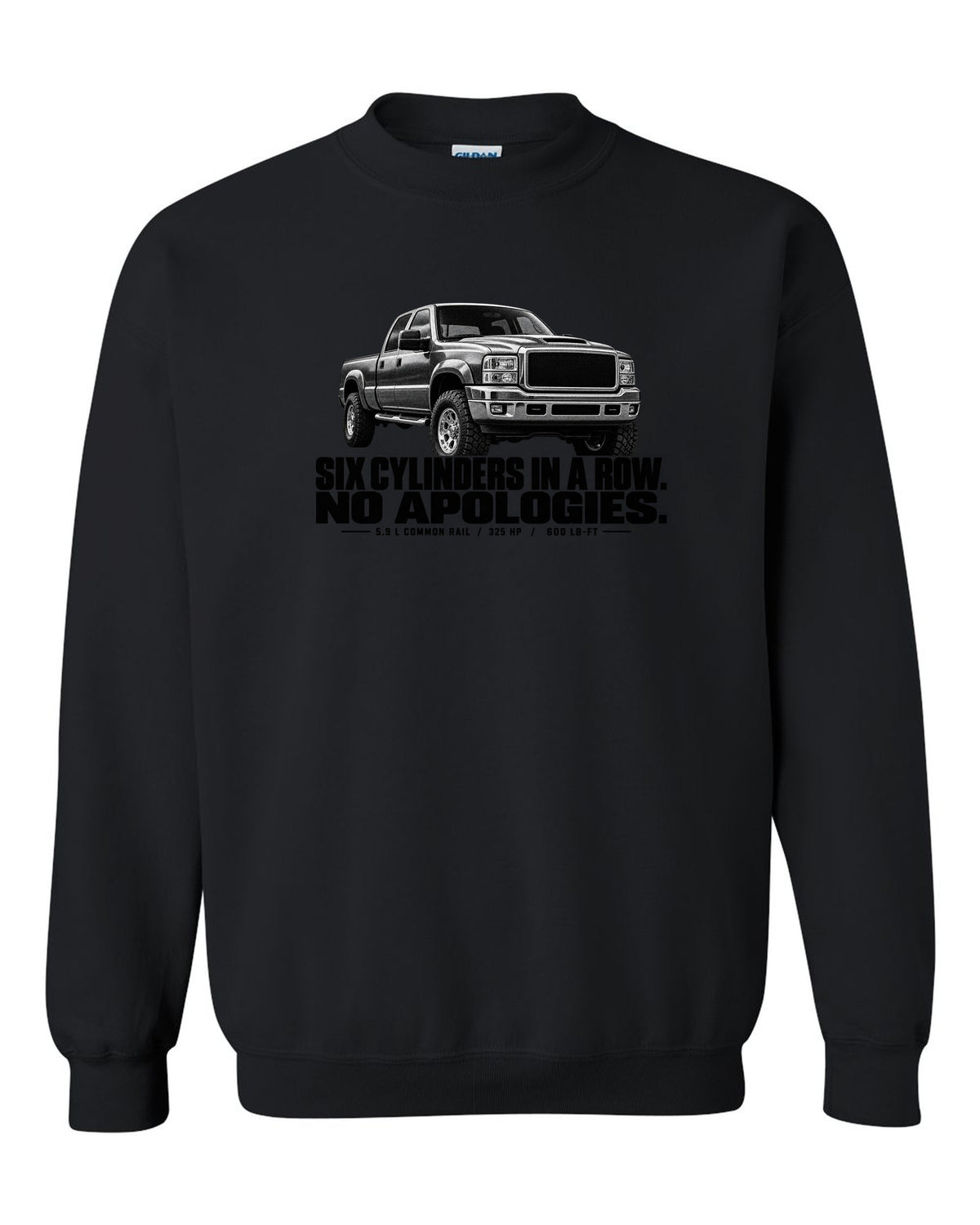 Halftone print of a 2003-09 Dodge Ram 2500 3rd gen in a front three-quarter view black crewneck front view with the design