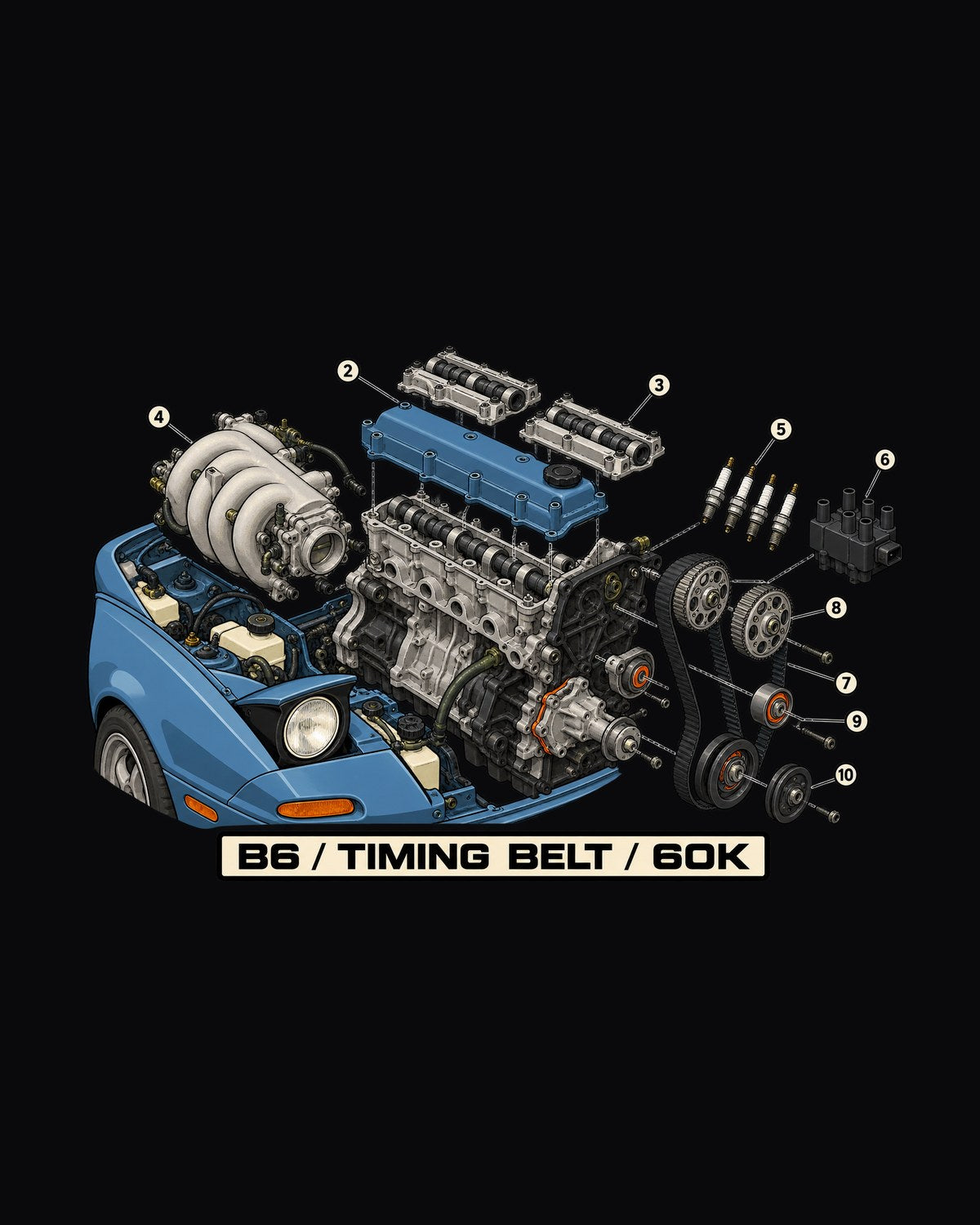 Mazda MX-5 NA B6 1.6L Engine Parts Diagram Shirt design only