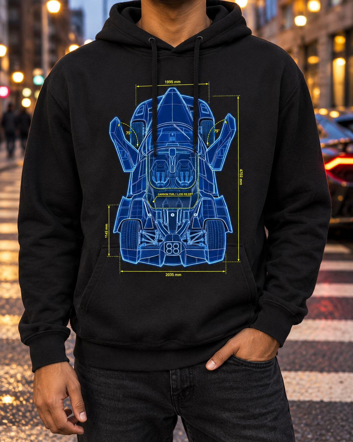 Ferrari Enzo F140 Quad Exhaust Top Plan Blueprint Shirt Pull Over Hoodie Black worn hero