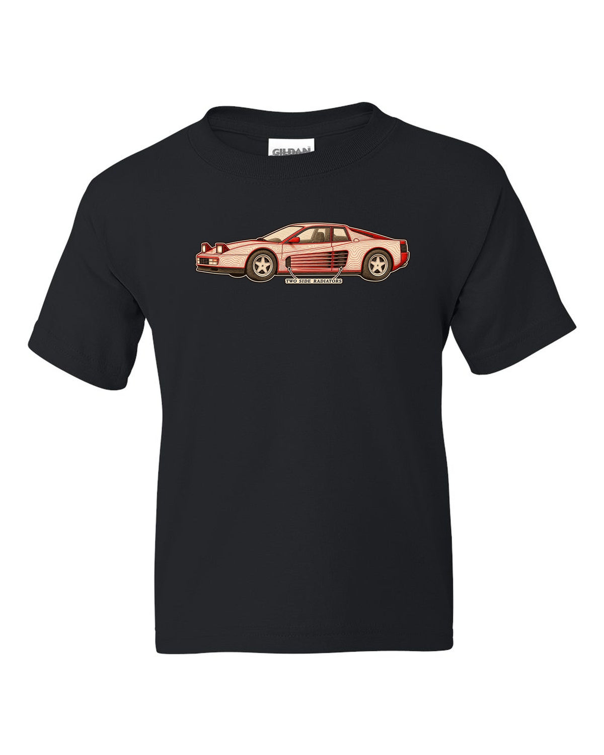 Ferrari Testarossa F110 Side Strake Contour Map black kids tee front view with the design