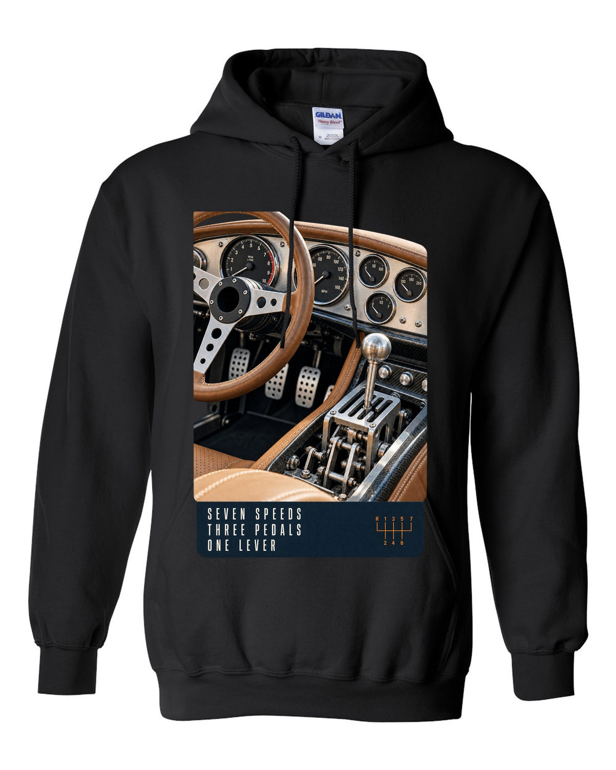print of the Pagani Utopia manual cockpit and gated shifter black pull over hoodie front view with the design