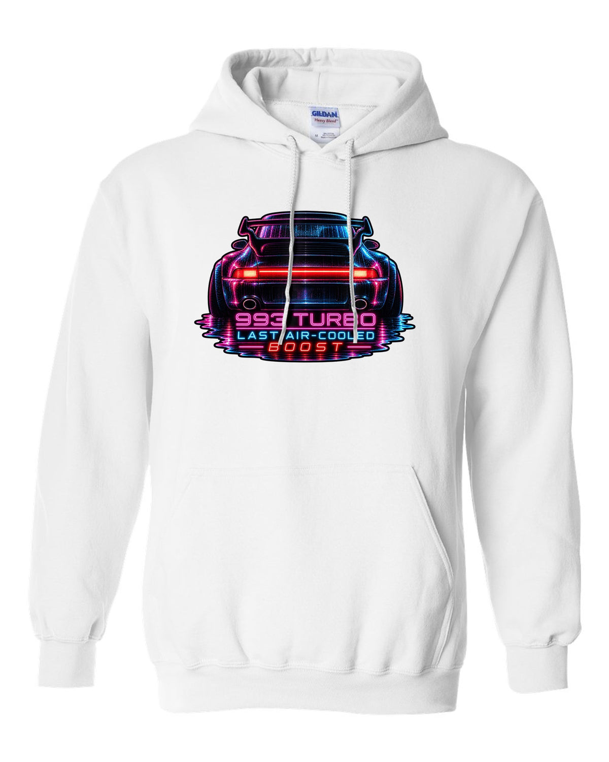 Porsche 993 Turbo neon noir design with glowing rear light bar white pull over hoodie front view with the design