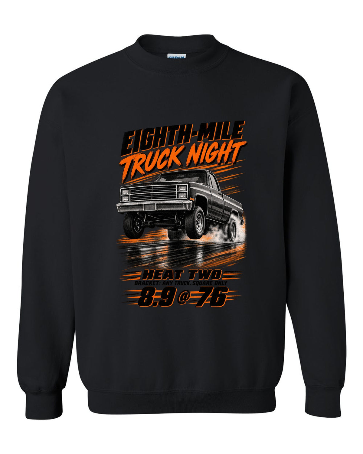 Squarebody C10 eighth-mile race poster print black crewneck front view with the design