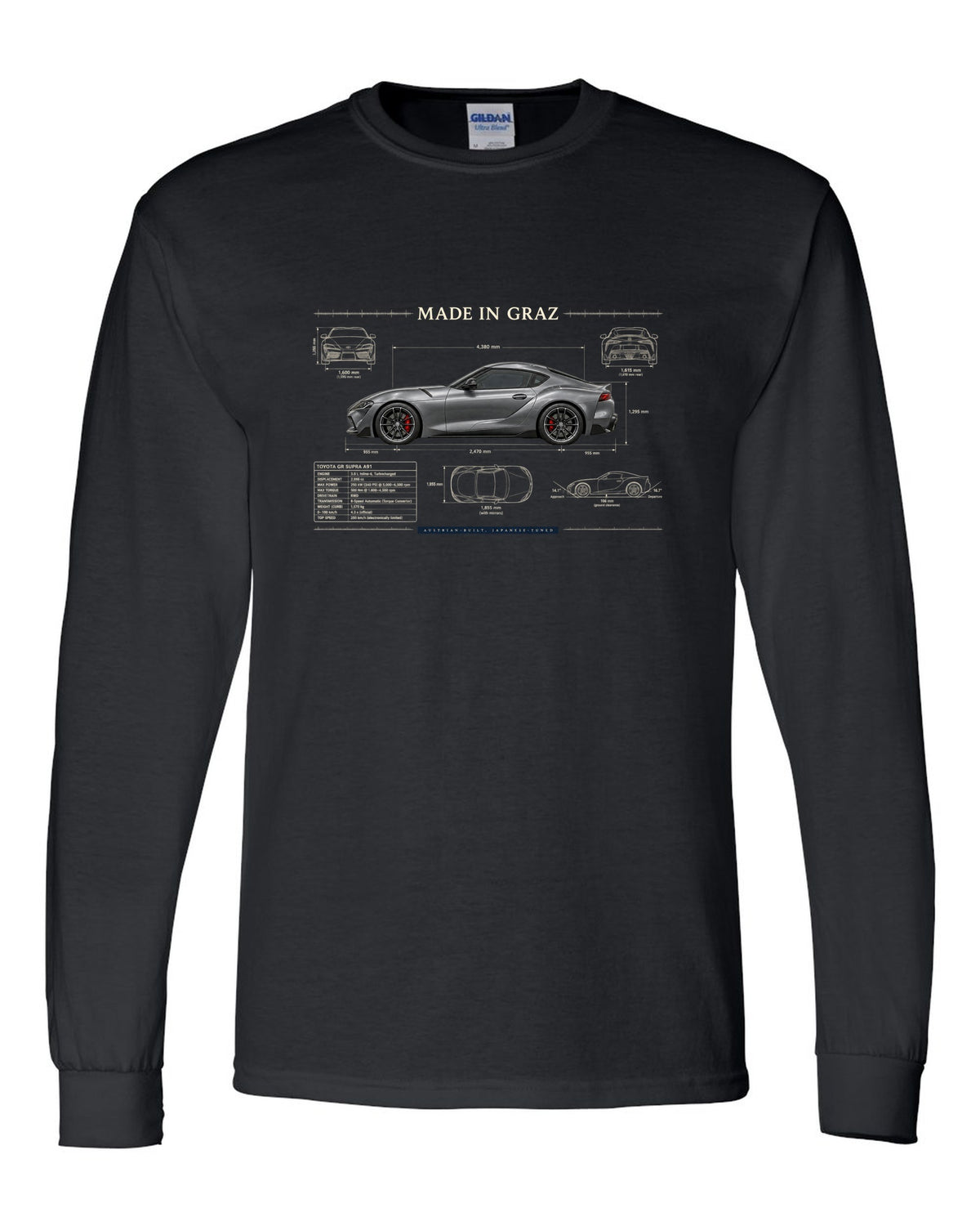 Steel blue Toyota GR Supra 3.0 with aero airflow callouts and 50:50 weight text black long sleeve front view with the design