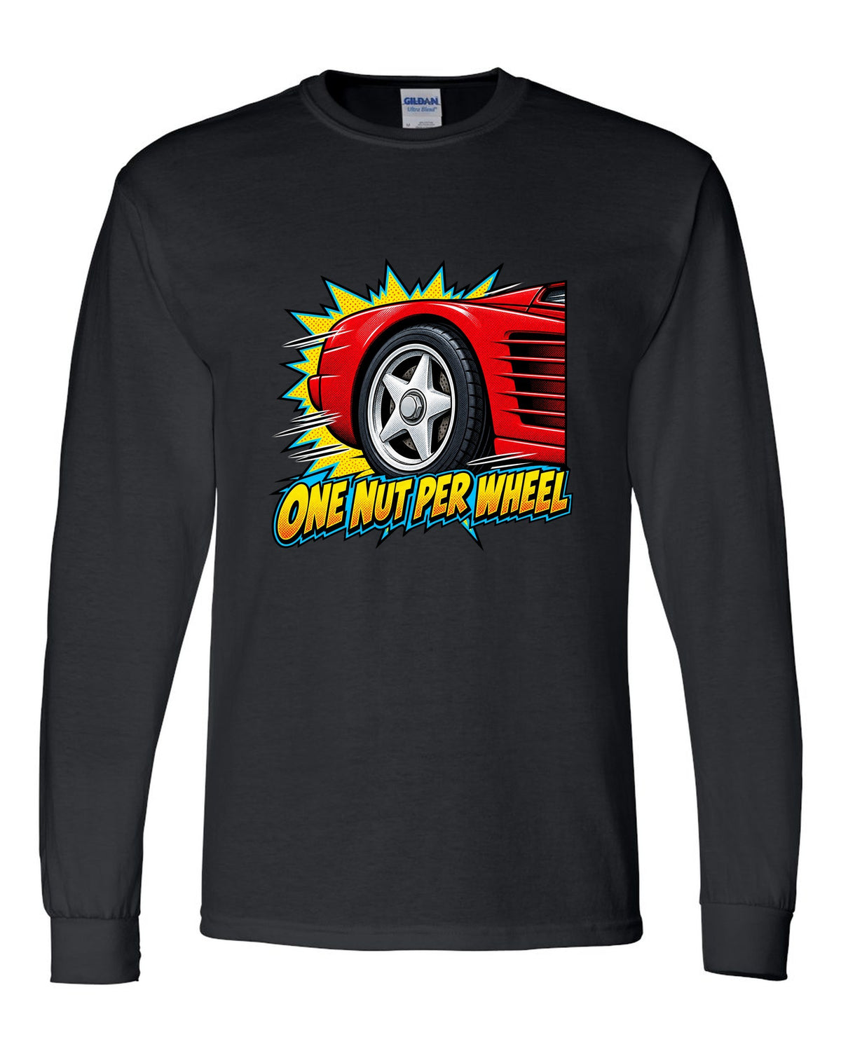 Comic halftone pop art of a Ferrari Testarossa five-star wheel black long sleeve front view with the design