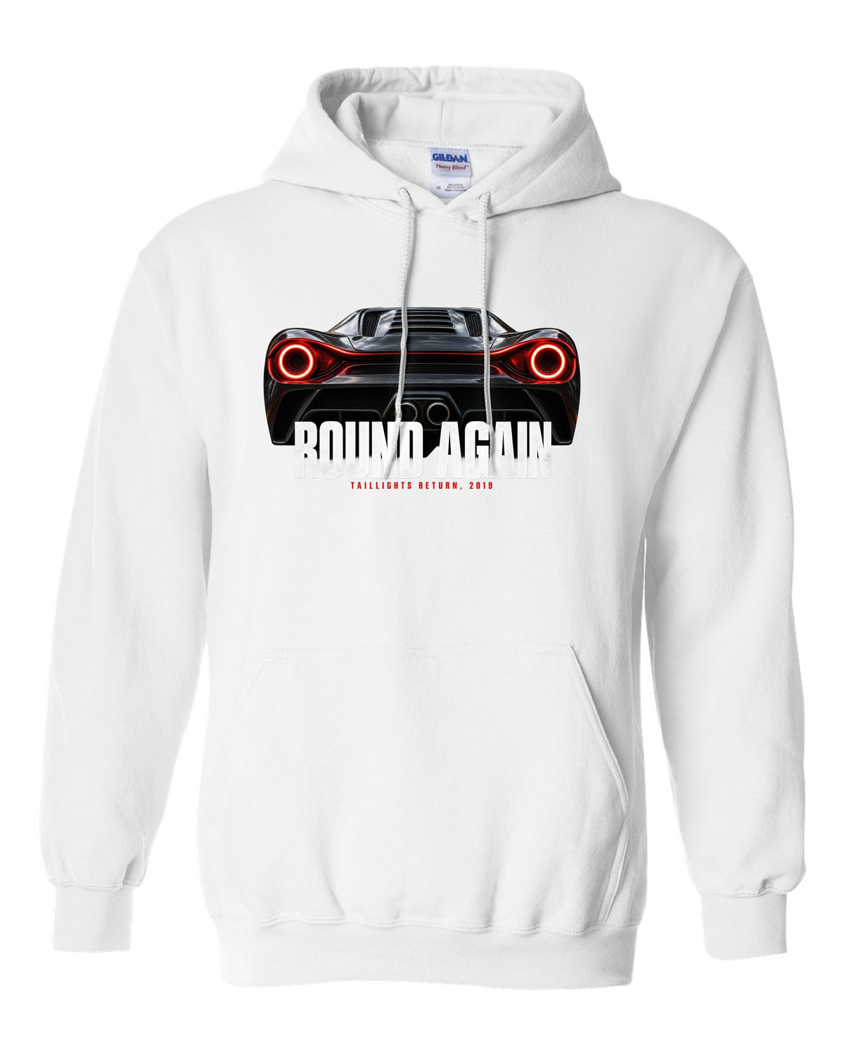Macro print of Ferrari F8 Tributo round taillights with the text Round Again, Taillights Return, 2019 white pull over hoodie front view with the design
