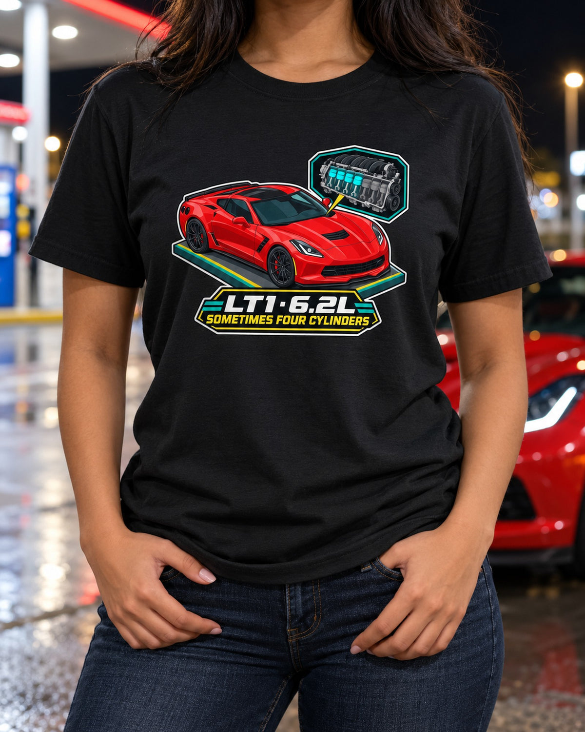 Corvette C8.R Le Mans Night Art Deco Poster Shirt, Yellow Racer T-Shirt Black worn hero