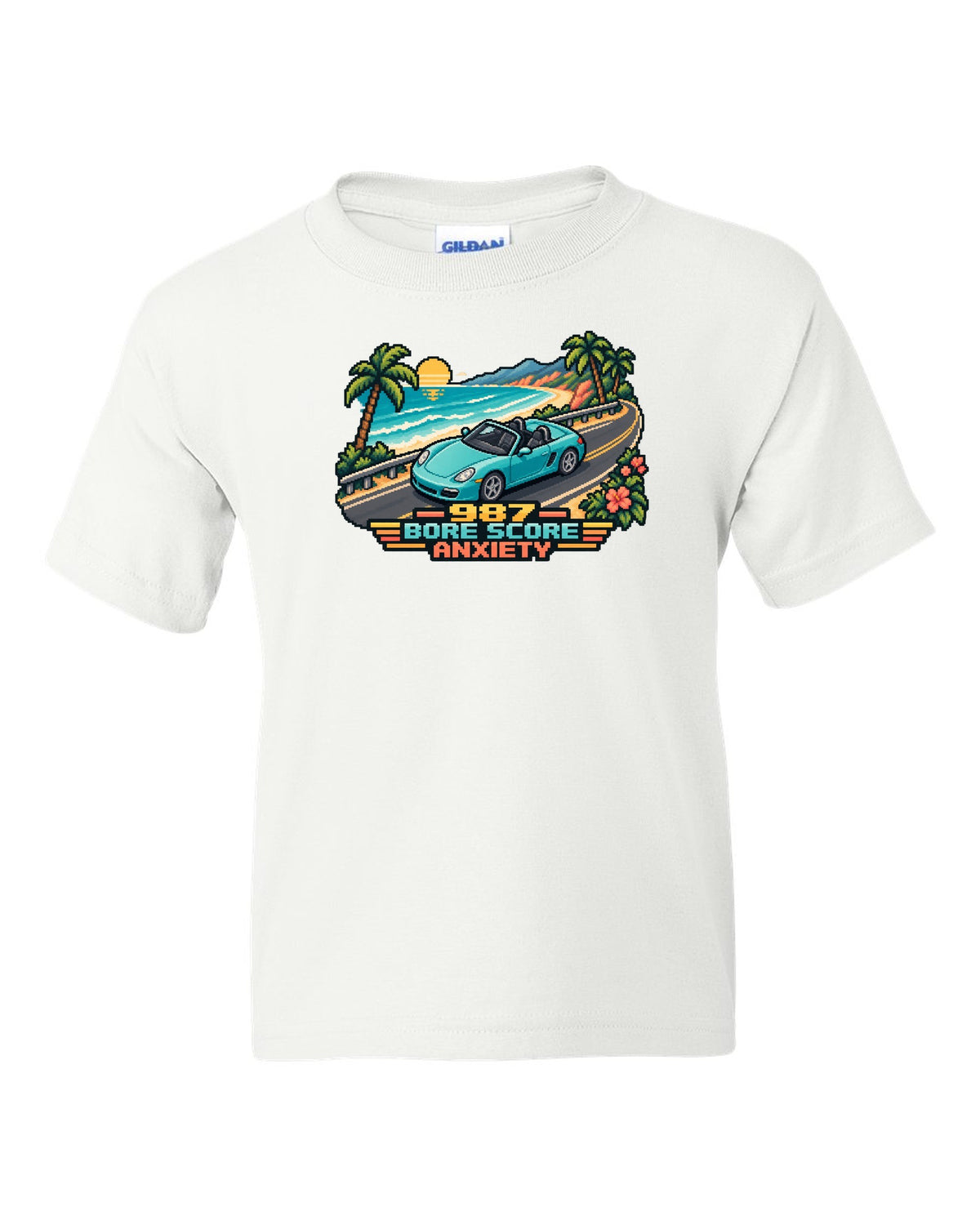Porsche Boxster 987 isometric pixel art roadster with bore score anxiety text white kids tee front view with the design