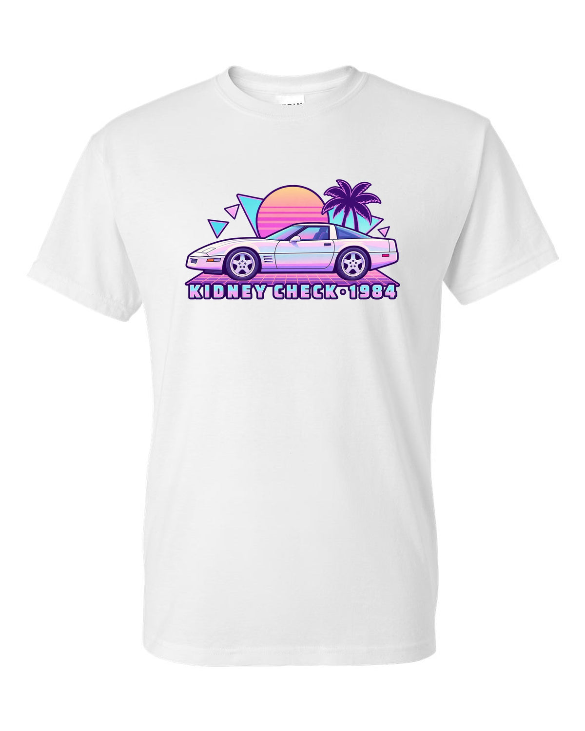 Pastel vaporwave print of a 1984 Chevrolet Corvette C4 coupe with Kidney Check text white t-shirt front view with the design