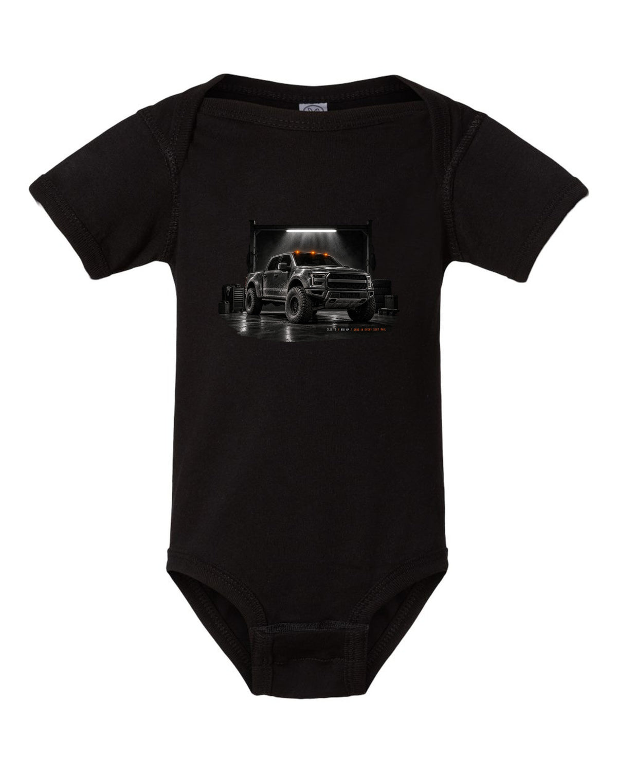Ford Bronco Raptor 2022 U725 garage night print with 3.0 TT and 418 HP text black baby onesie front view with the design