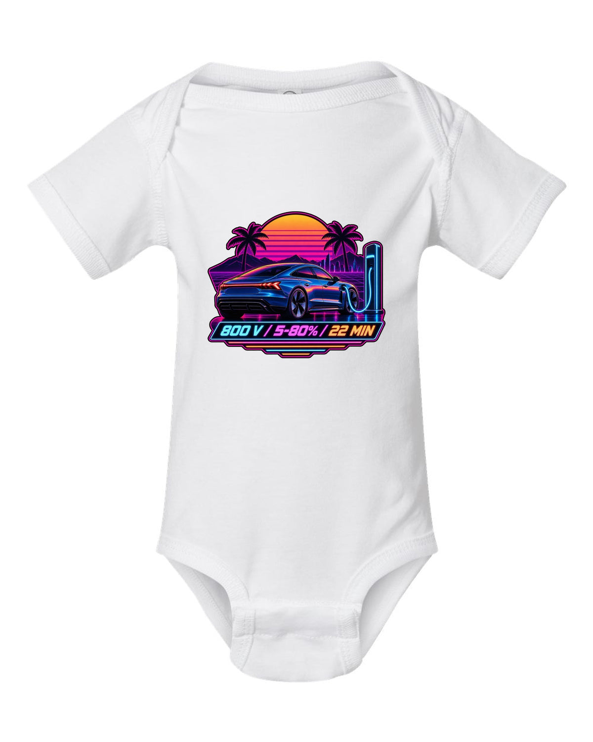 Outrun style print of an Audi e-tron GT with 800 V charging figures white baby onesie front view with the design
