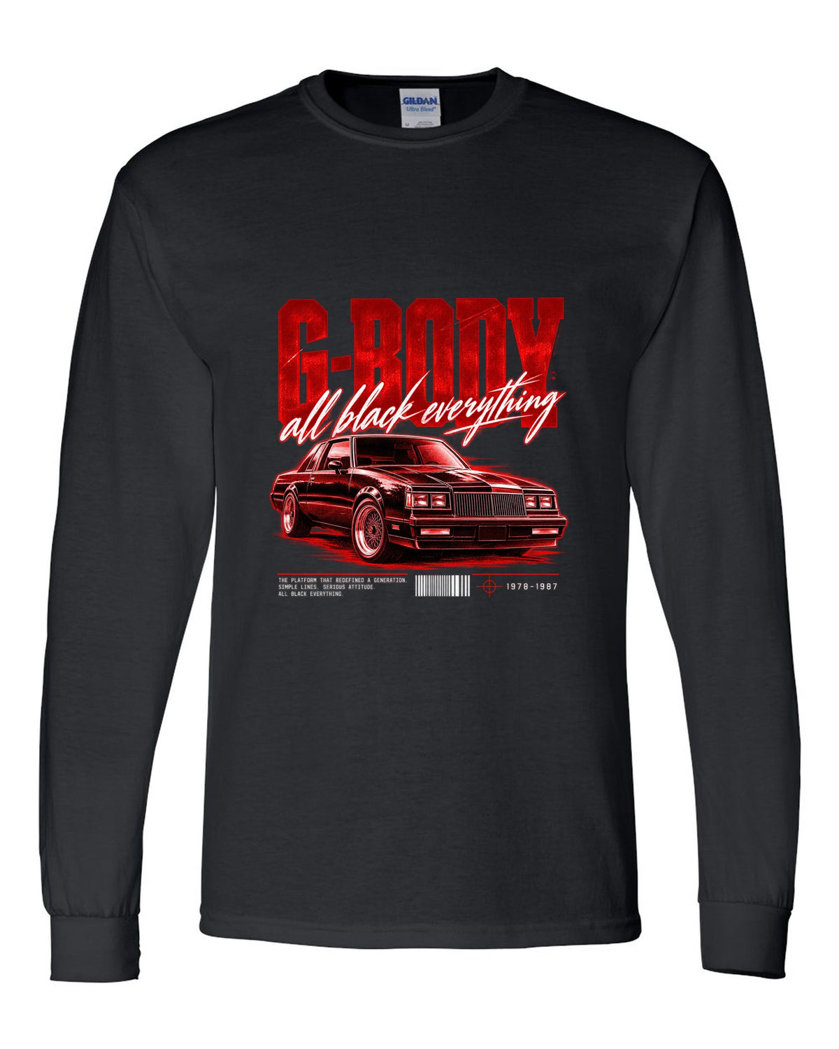 print street poster of an all black Buick Regal G-body coupe 1984-87 black long sleeve front view with the design