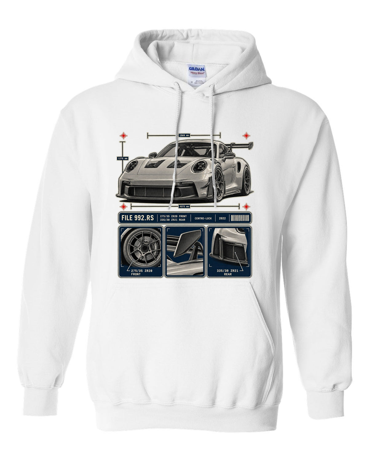 Porsche 992 GT3 RS dossier panels print design white pull over hoodie front view with the design