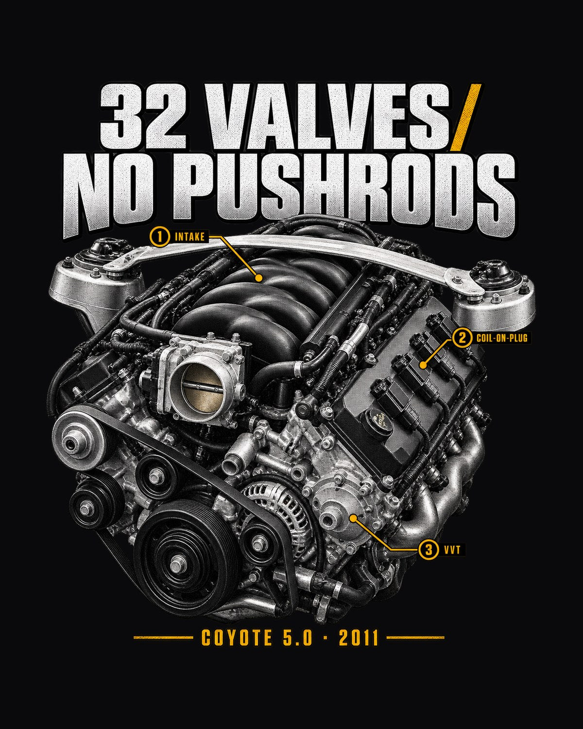 Mustang Coyote 5.0 Engine Bay Shirt, 32 Valves, 2011-14 design only