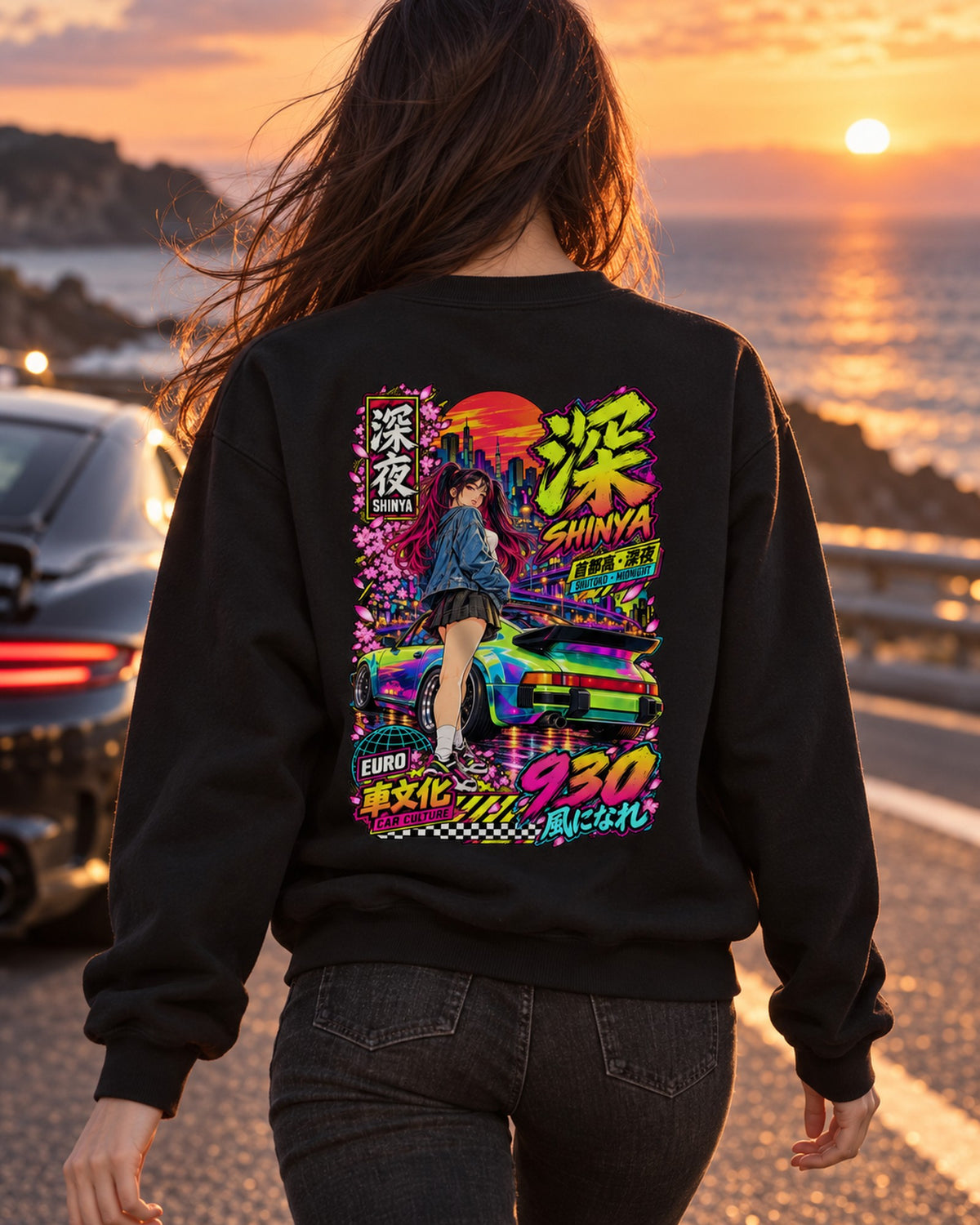 SHINYA 930 Anime Girl Full-Back Graphic Tee Crewneck Black worn hero