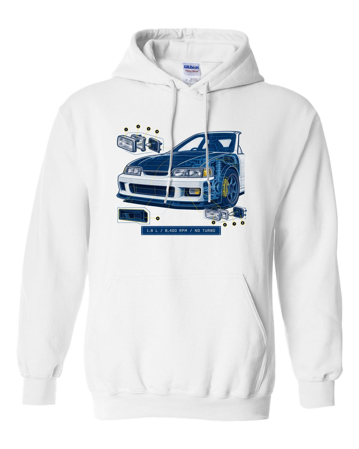 Technical blueprint design of the Honda Integra Type R DC2 with B18C specs white pull over hoodie front view with the design