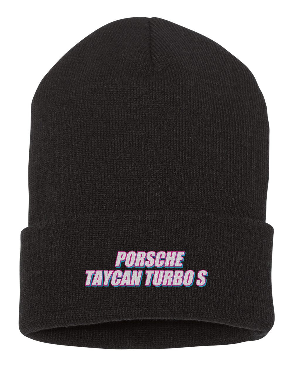 Porsche Taycan Turbo S black beanie front view with car name