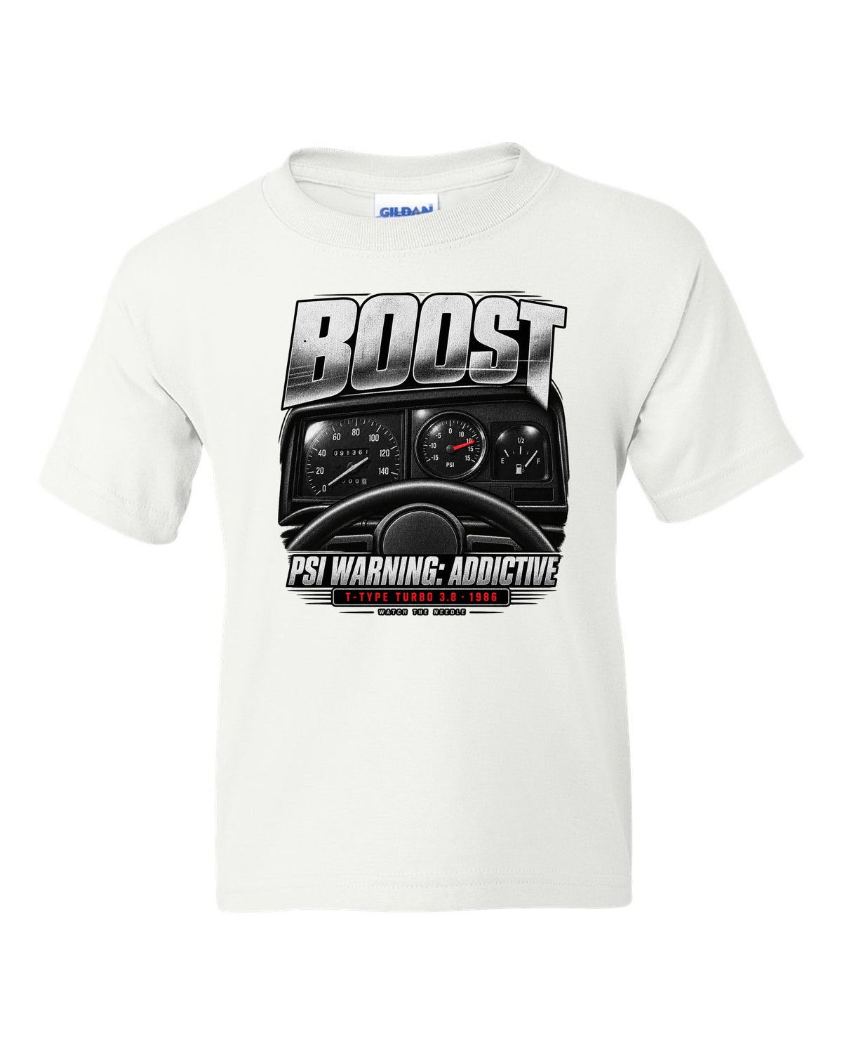 1986 Buick Grand National boost gauge cockpit print with T-Type turbo text white kids tee front view with the design