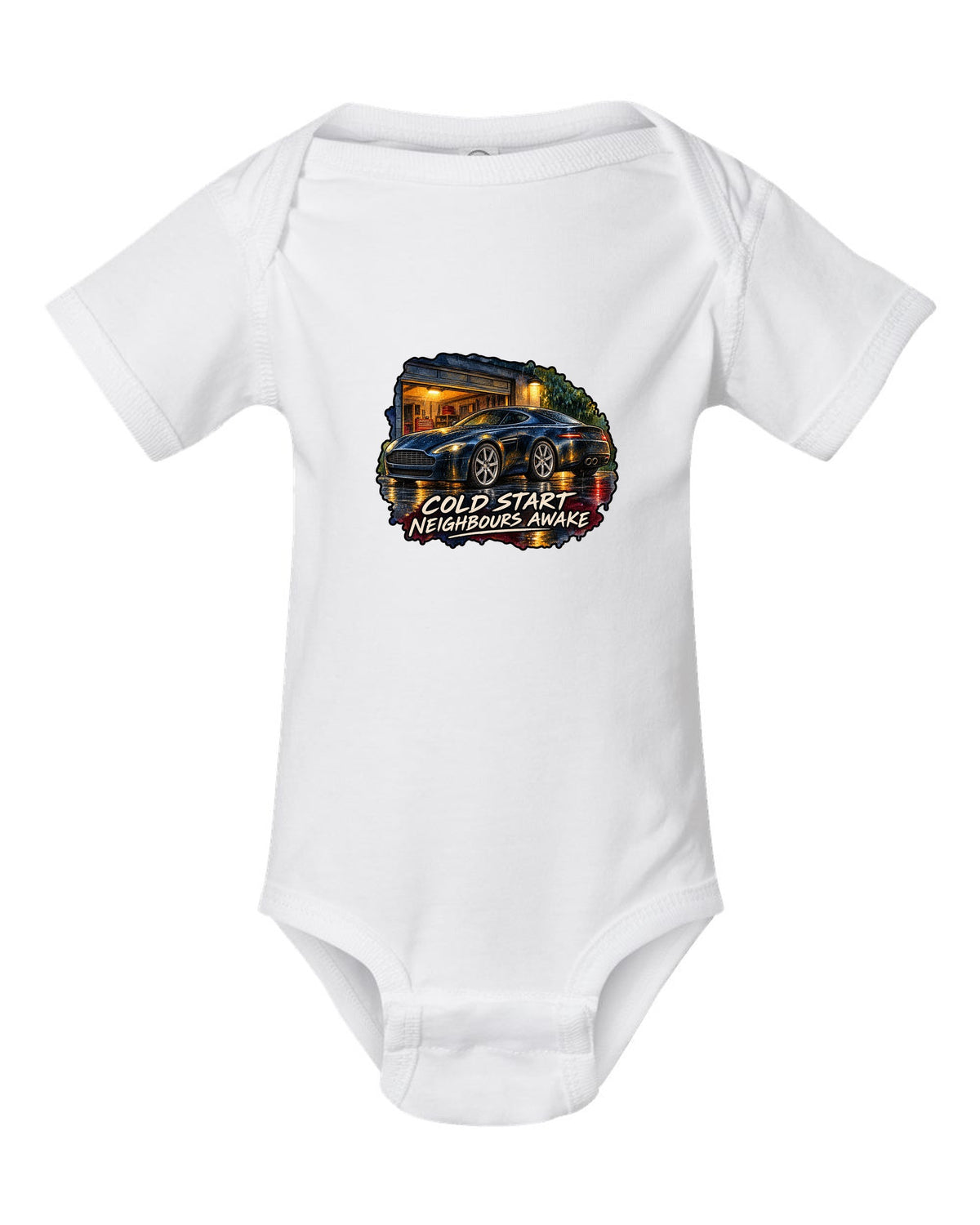 Aston Martin V8 Vantage watercolour wet-road night with COLD START NEIGHBOURS AWAKE white baby onesie front view with the design