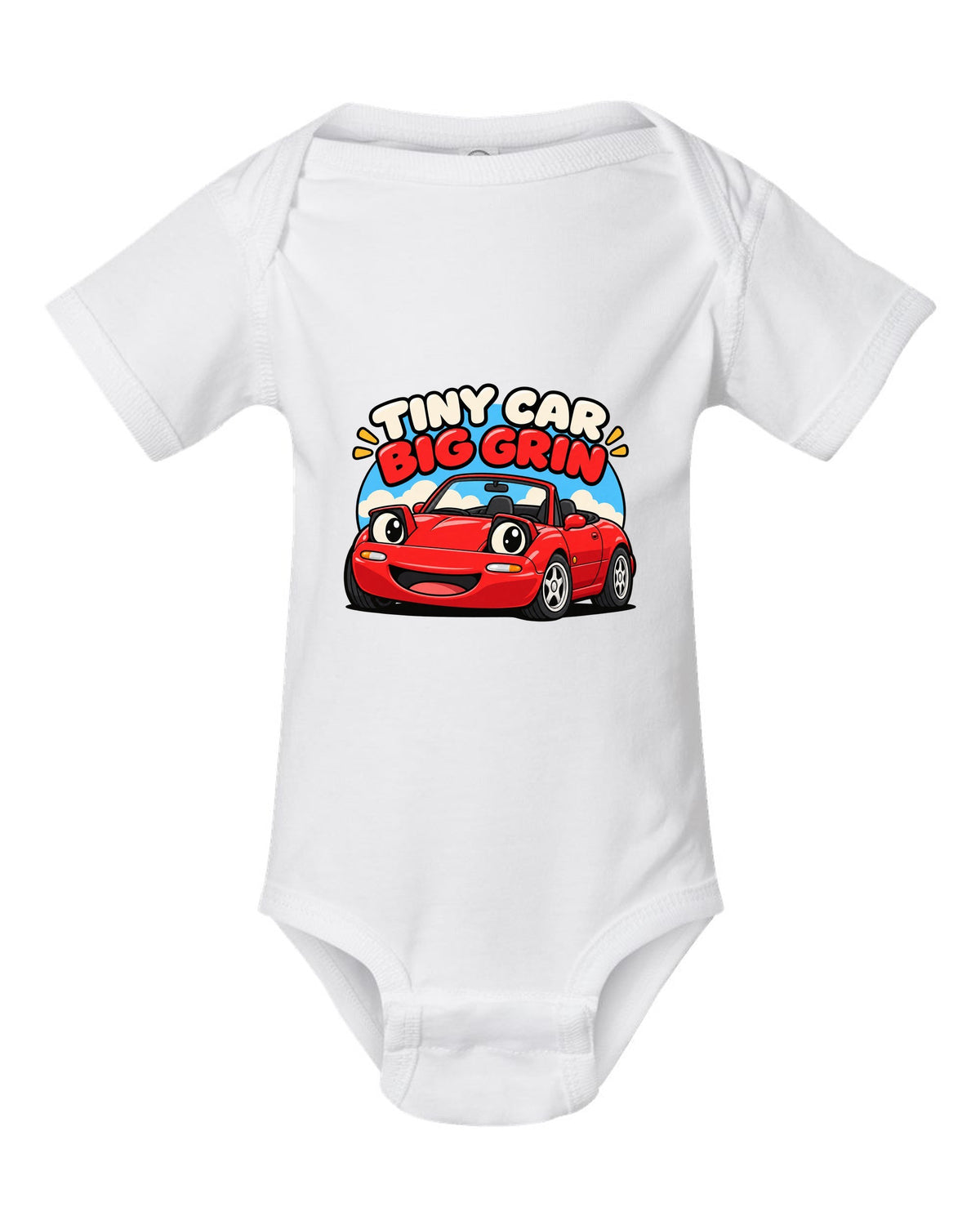 Topographic contour map of a touge road with a Mazda MX-5 ND route white baby onesie front view with the design