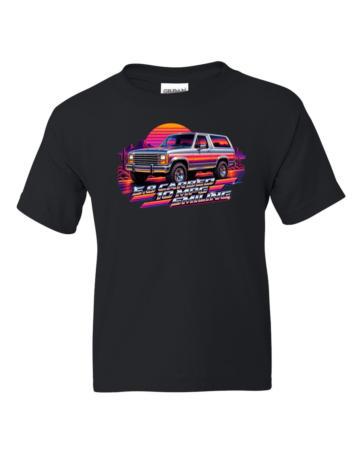 80s airbrush chrome art of a 1980-86 Ford Bronco Bullnose at sunset with 5.8 CARBED 10 MPG lettering black kids tee front view with the design