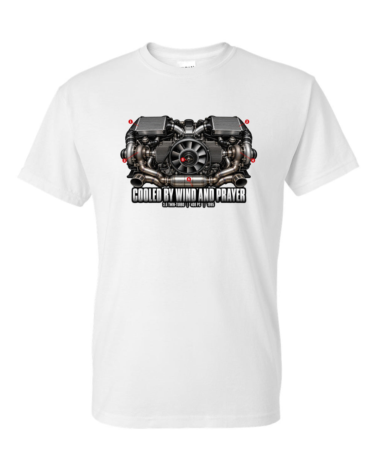 Engine hero print of the Porsche 911 Turbo (993) air-cooled twin-turbo flat-six with the line Cooled By Wind And Prayer white t-shirt front view with the design