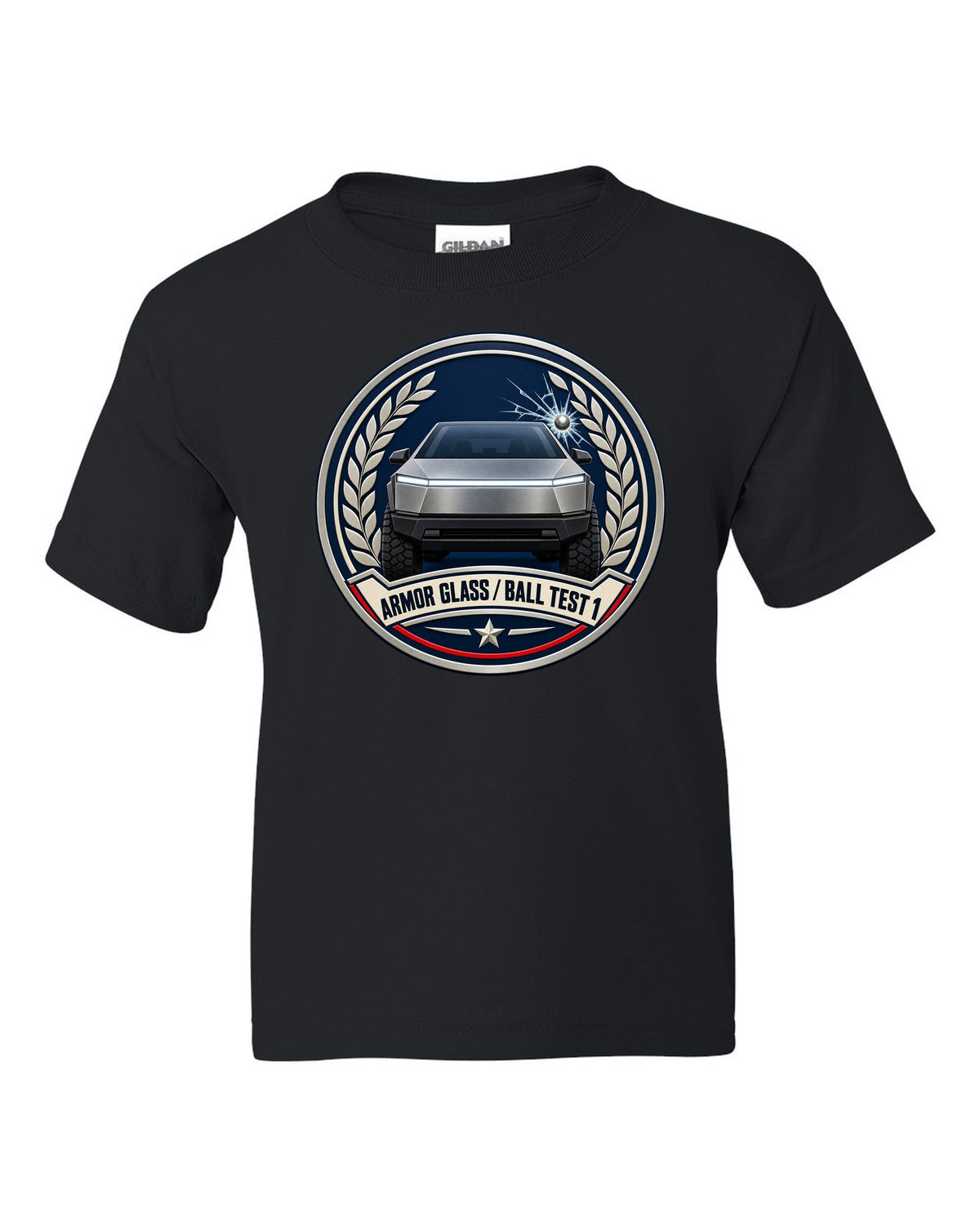 Round crest design of a 2023 Tesla Cybertruck with the words Armor Glass Ball Test 1 black kids tee front view with the design