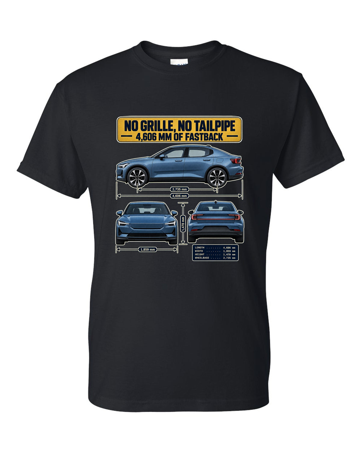 Three-view spec table print of a Polestar 2 fastback 2020-2023 black t-shirt front view with the design