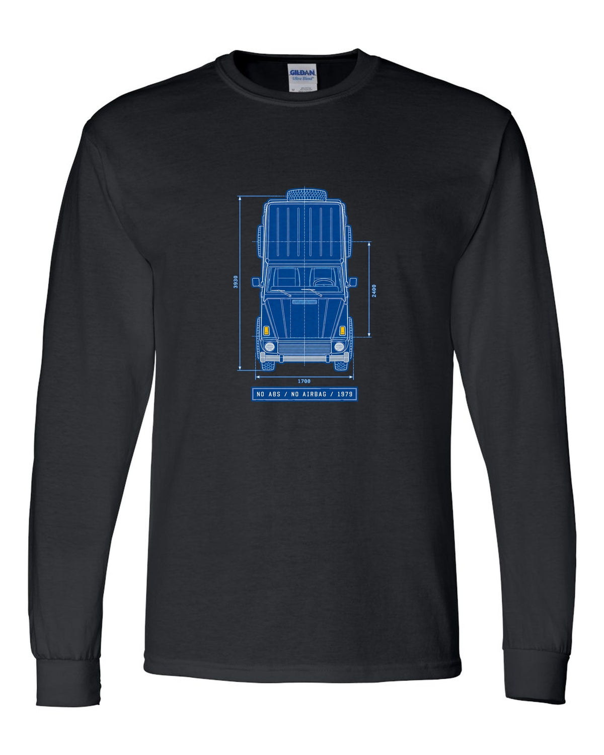 Neon synthwave taillights graphic of a Mercedes G63 W464 with exhaust exits text, print black long sleeve front view with the design